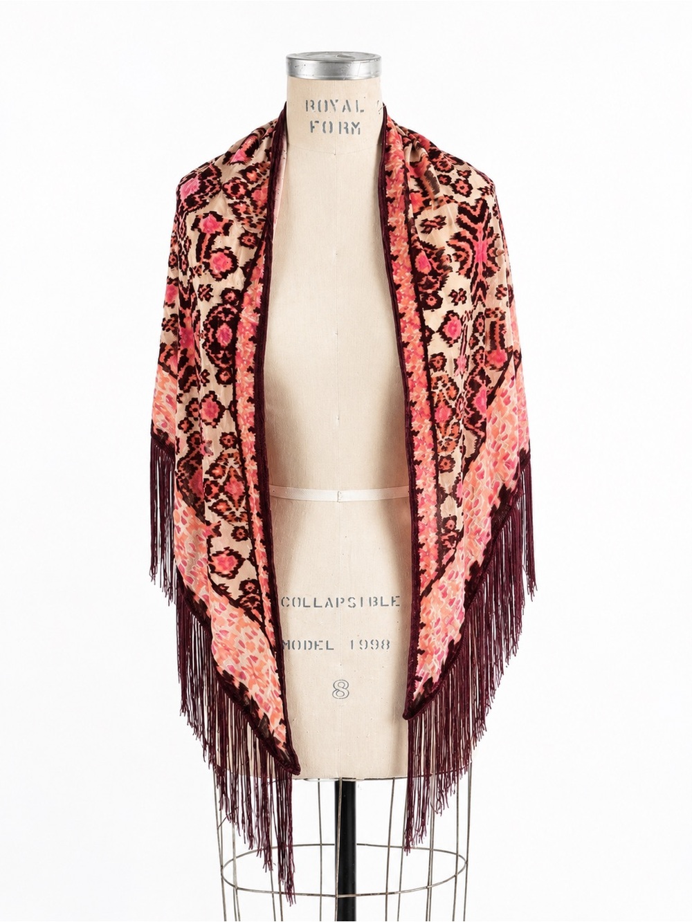 Boho Velvet Burnout Fringe Shawl Wrap Scarf Pink Burgundy Festival Scarf/shawl